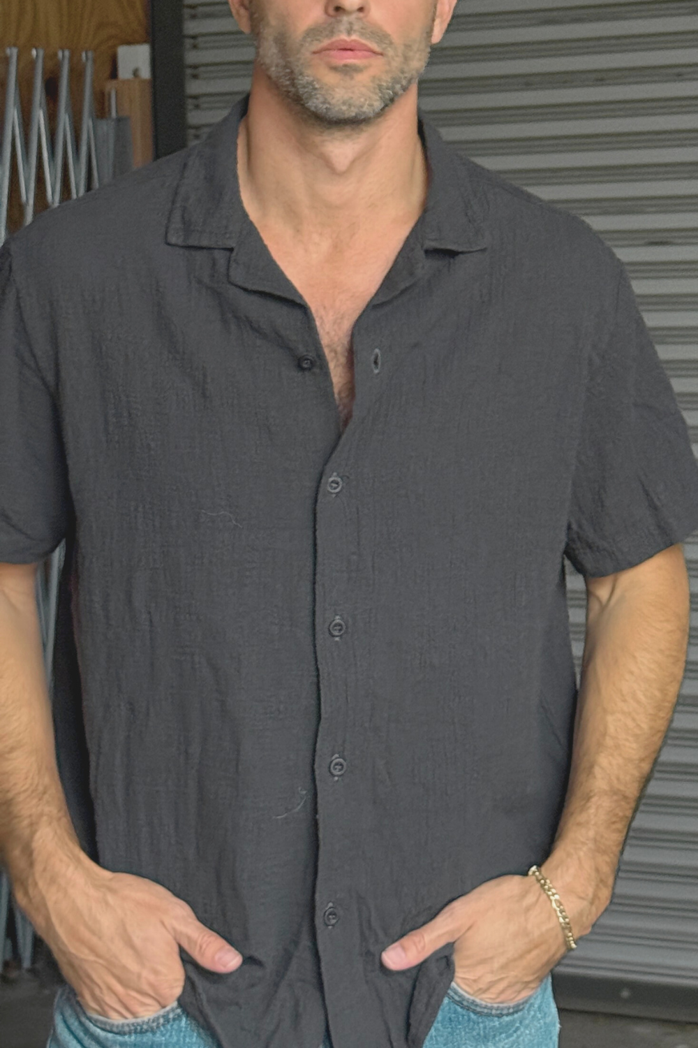 the eastwood button up; black sand